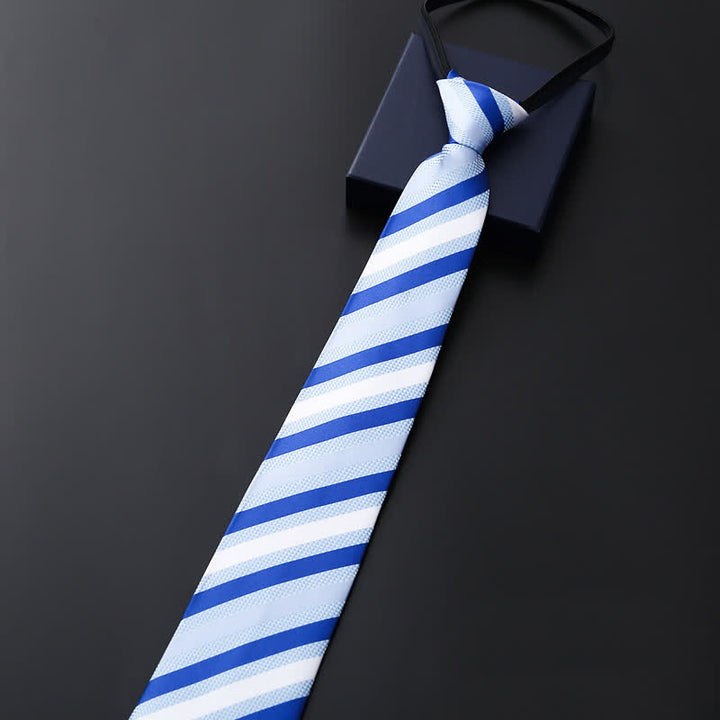 Men's Blue Series Zipper Tie Business Necktie - Blue & White Striped - image 1
