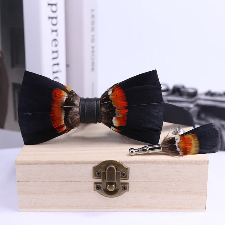 Black & Orange Feather Bow Tie with Lapel Pin - image 2