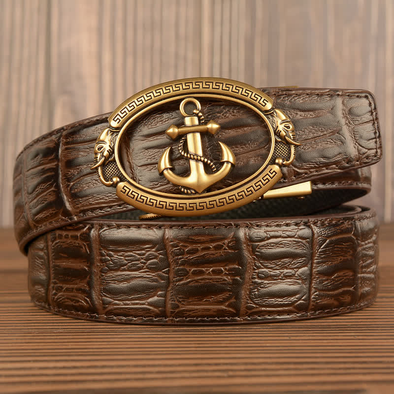 Men's Nautical Anchor Crocodile Embossed Leather Belt - Gold & Brown - Crocodile Skin - 44 - image 9