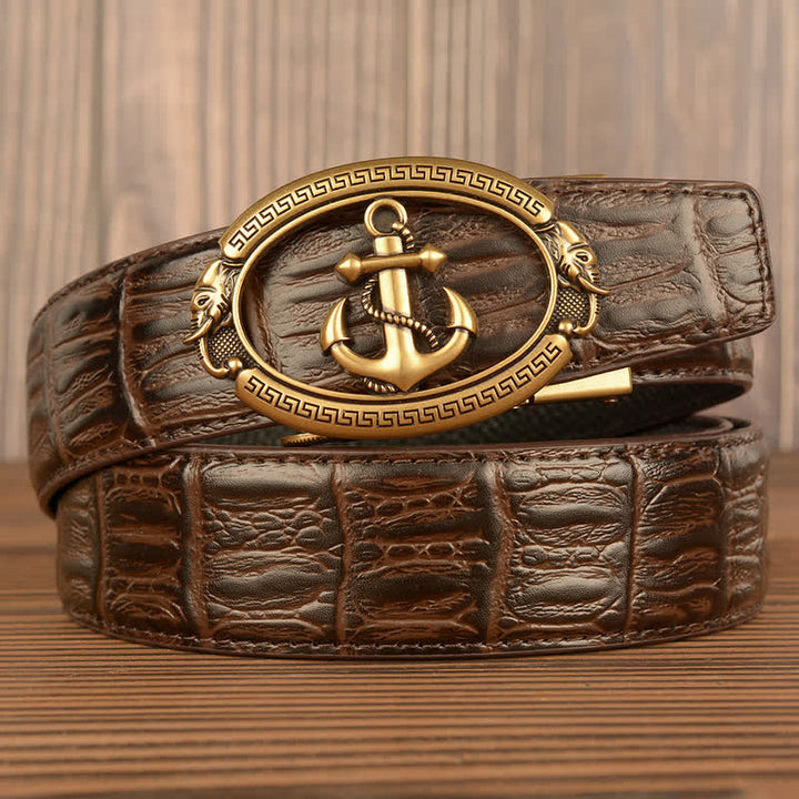 Men's Nautical Anchor Crocodile Embossed Leather Belt - Gold & Brown - Crocodile Skin - 44 - image 9