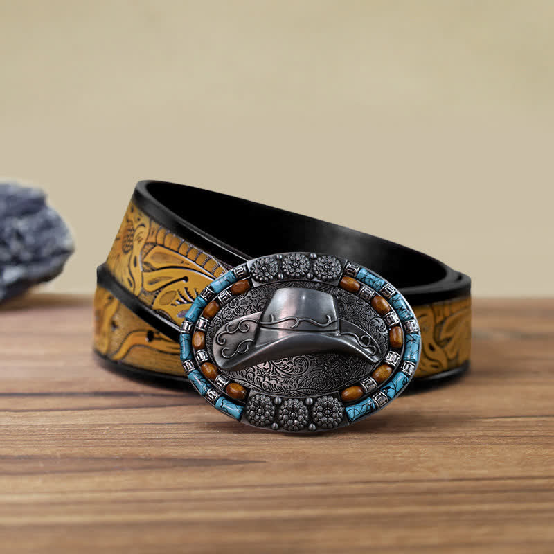 Men's DIY Cowboy Hat Turquoise Stone Buckle Leather Belt - Hat - SandyBrown Belt (40) - image 12