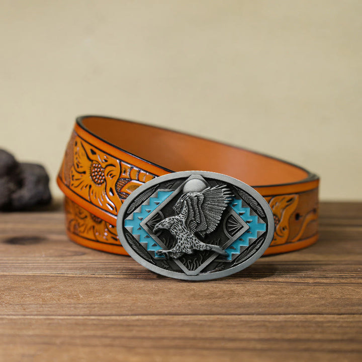 Men's DIY Enamel Landing Eagle Buckle Leather Belt - Eagle - Orange Carved Belt (40) - image 13