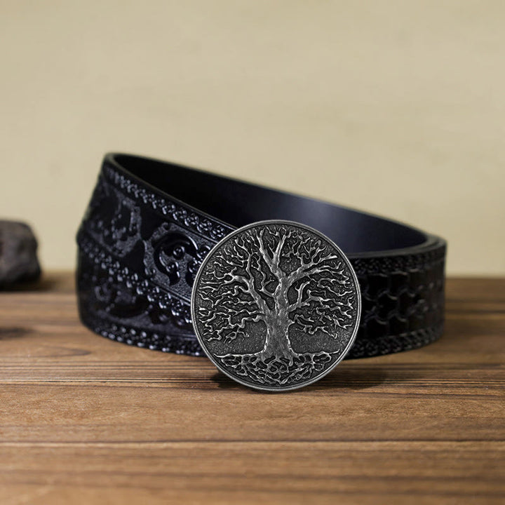 Men's DIY Tree of Life Round Buckle Leather Belt - Silver - Black Carved Belt (40) - image 15
