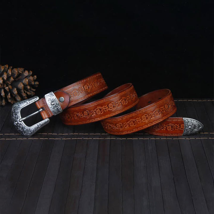 Unisex Rustic Texture Flower Printing Leather Belt - image 3