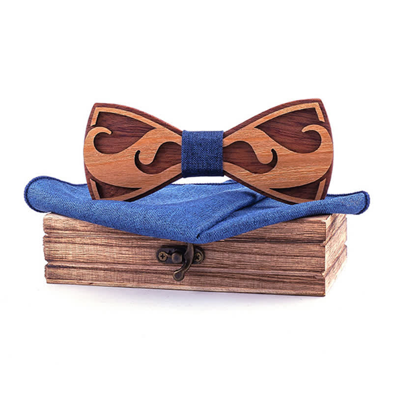 2Pcs Men's Carving Beards Wooden Bow Tie Set - Solid Blue - image 6