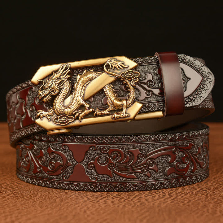 Men's Embossing Retro Dragon Z Letter Leather Belt - Gold & Brown - 46 - image 0