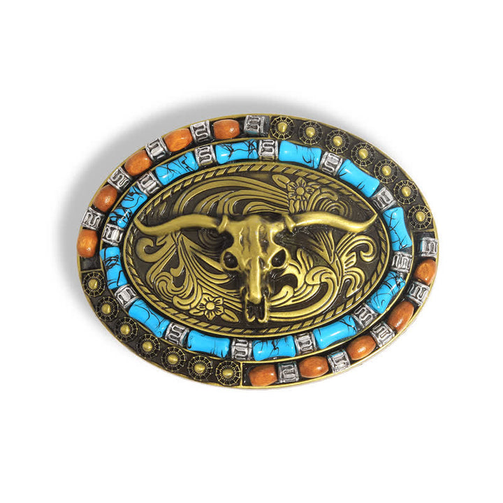 Men's DIY Turquoise Wood Bead Bull Buckle Leather Belt - Gold - Without Belt - image 2