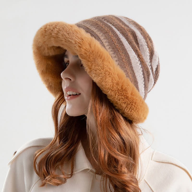 Women's Striped Warm Plush Brim Bucket Hat - image 0
