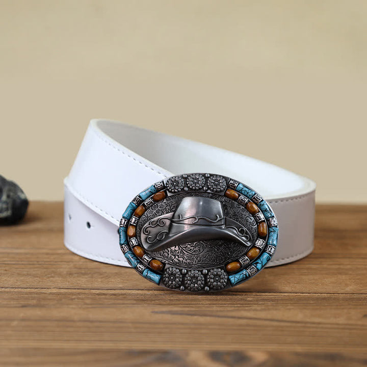 Men's DIY Cowboy Hat Turquoise Stone Buckle Leather Belt - Hat - White PU Belt (40) - image 4