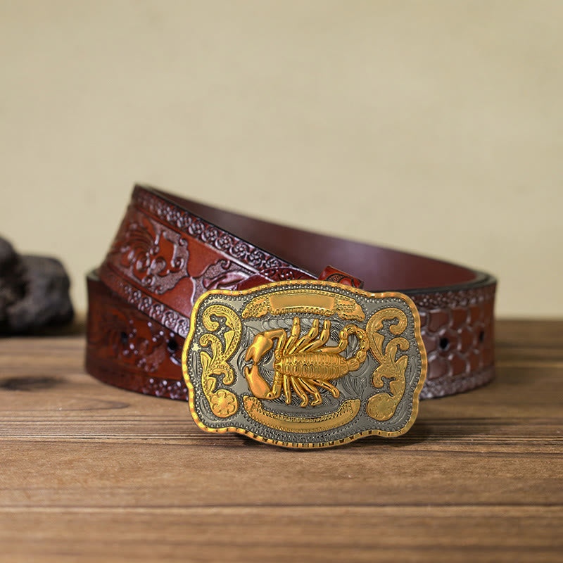 Men's DIY Golden Scorpion Buckle Leather Belt - Rectangular - Brown Carved Belt (40) - image 18