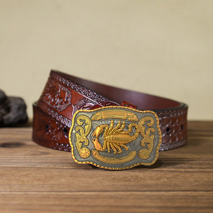 Men's DIY Golden Scorpion Buckle Leather Belt - Rectangular - Brown Carved Belt (40) - image 18