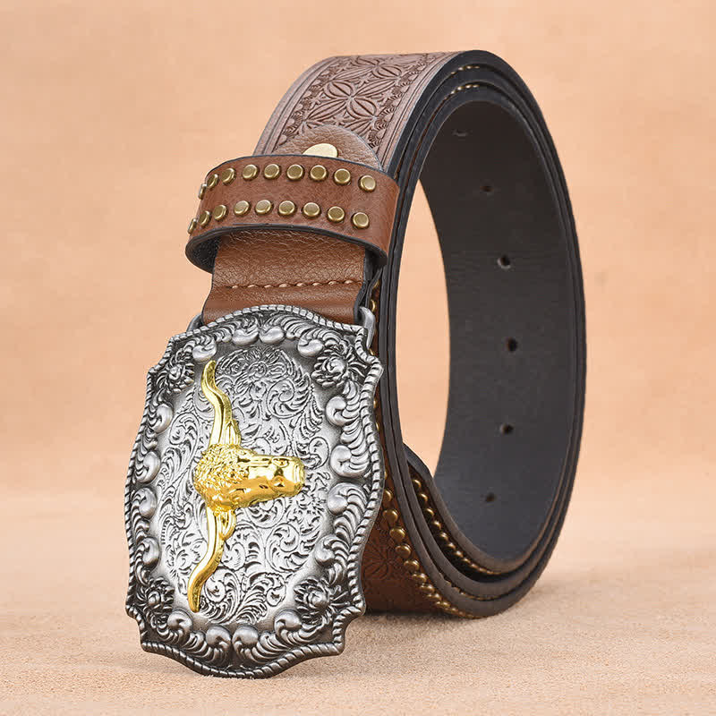 Men's Punk Rivet Gold Longhorn Bull Leather Belt - Brown - 44 - image 0