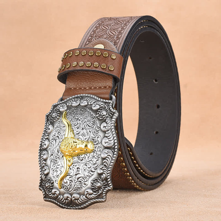 Men's Punk Rivet Gold Longhorn Bull Leather Belt - Brown - 44 - image 0