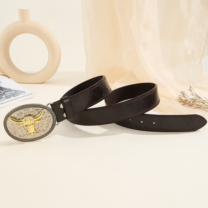 Men's Casual Golden Bull Head Floral Buckle Leather Belt - image 2