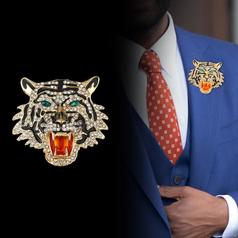 Men's Retro Tiger Head Brooch - Gold - image 0