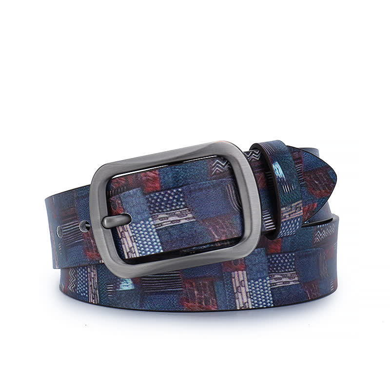 Navy Blue Splicing Graffiti Pattern Genuine Leather Belt - Navy Blue - 44 - image 0