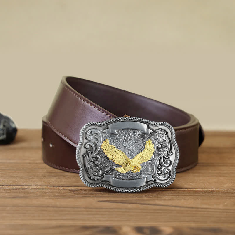 Men's DIY Gold Carving Animal Buckle Leather Belt - Eagle - Brown PU Belt (40) - image 14