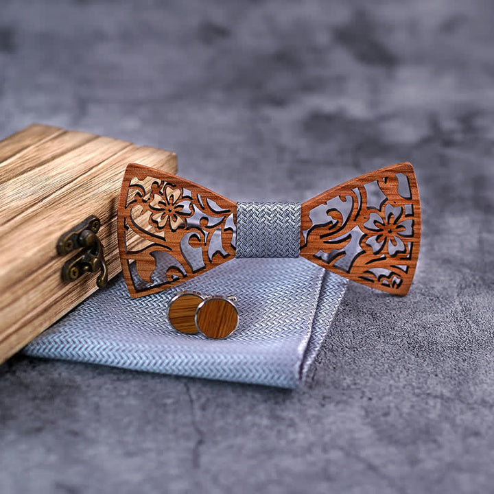 4pcs Men's Hollow Floral Wooden Bow Tie Set - image 7