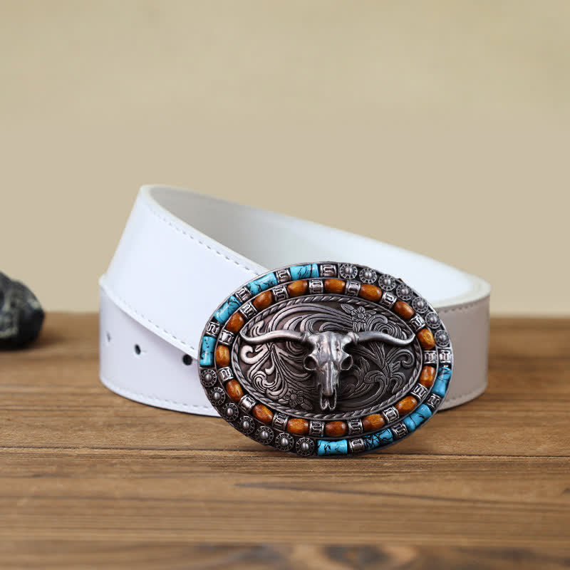 Men's DIY Turquoise Wood Bead Bull Buckle Leather Belt - Silver - White PU Belt (40) - image 6
