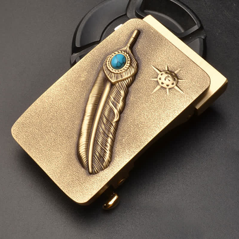 Men's DIY Embossed Feather Turquoise Automatic Buckle Leather Belt - Feather - Without Belt - image 0