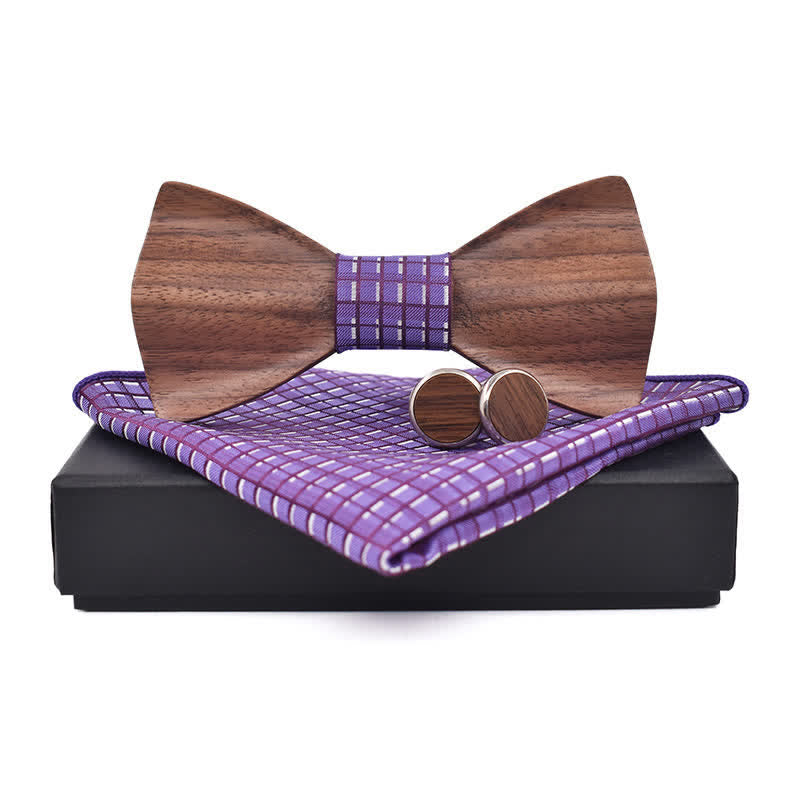 3Pcs Men's Black Walnut Wooden Bow Tie Set - Purple - image 11