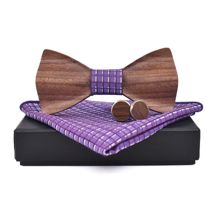 3Pcs Men's Black Walnut Wooden Bow Tie Set - Purple - image 11