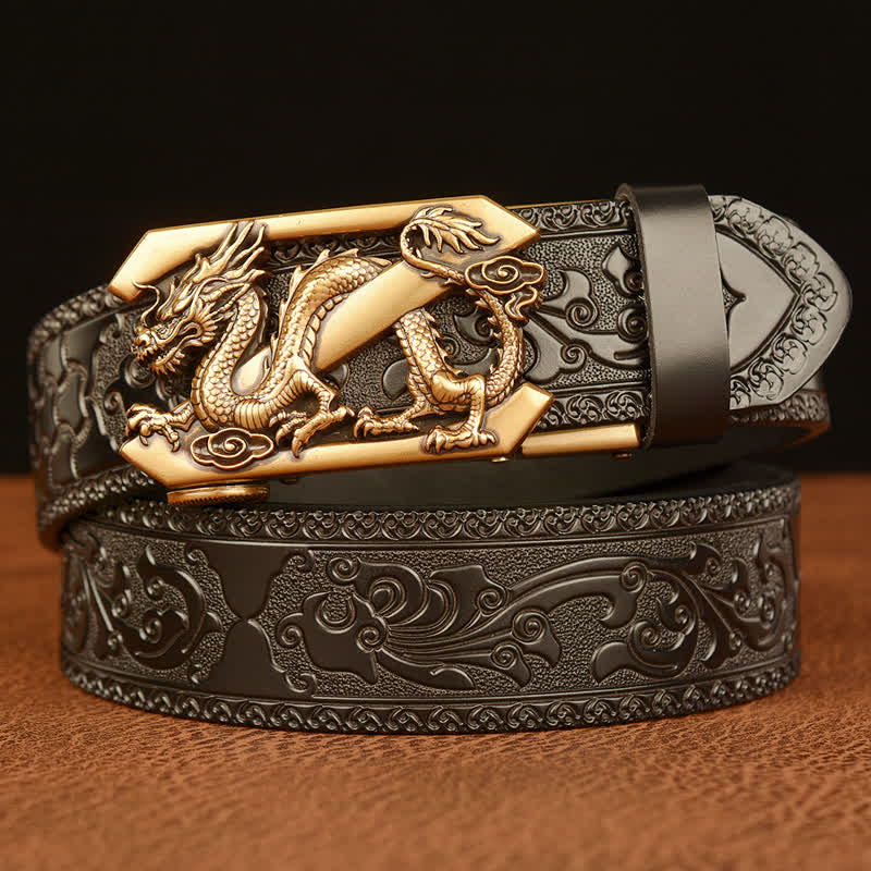 Men's Embossing Retro Dragon Z Letter Leather Belt - Gold & Black - 46 - image 8