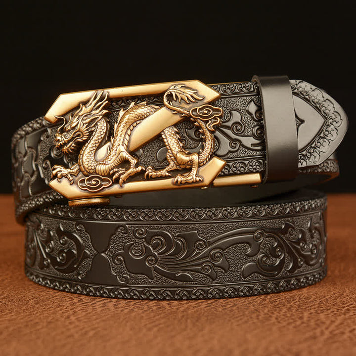 Men's Embossing Retro Dragon Z Letter Leather Belt - Gold & Black - 46 - image 8