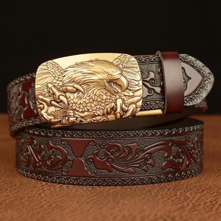 Men's Eagle Buckle Genuine Leather Embossing Belt - Gold & Brown - 46 - image 9