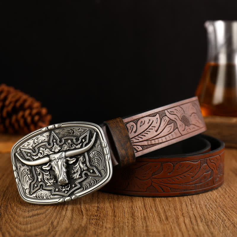 Men's Western Style Cow Head Printed Leather Belt - Brown / Silver - 38 - image 7