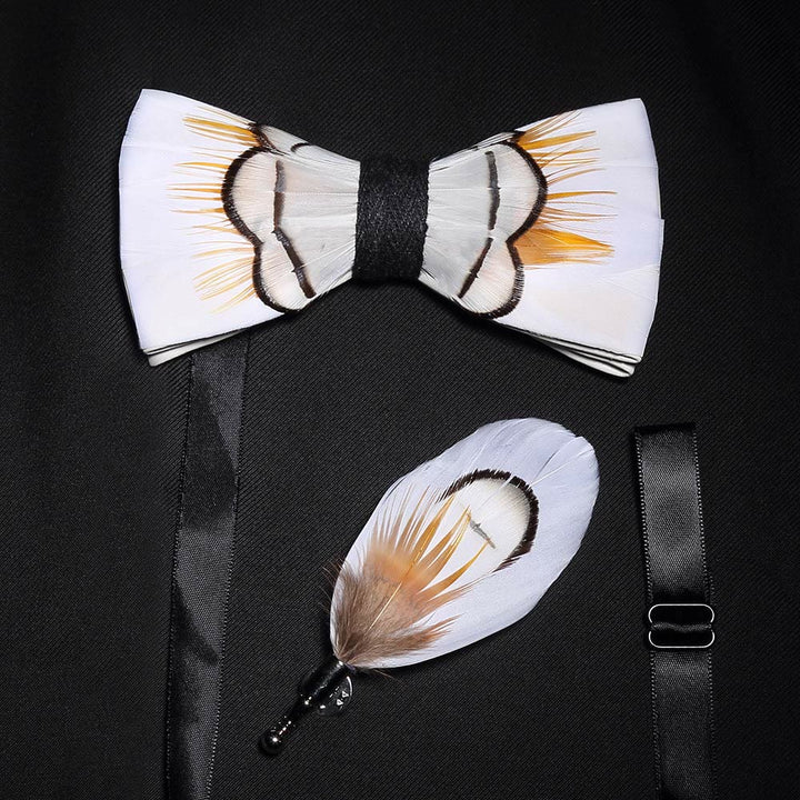 Kid's Beige Elegant Feather Bow Tie with Lapel Pin - Adult - image 2