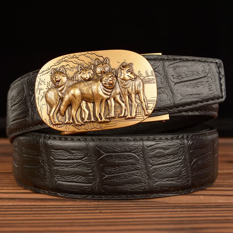 Men's Pack Of Wolves Crocodile Pattern Leather Belt - Black / Crocodile Skin - 44 - image 0