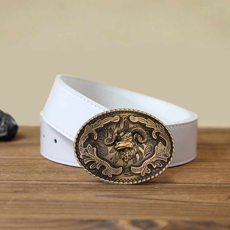 Men's DIY Bronze Wild Goat Head Buckle Leather Belt - Wild Goat - White PU Belt (40) - image 5