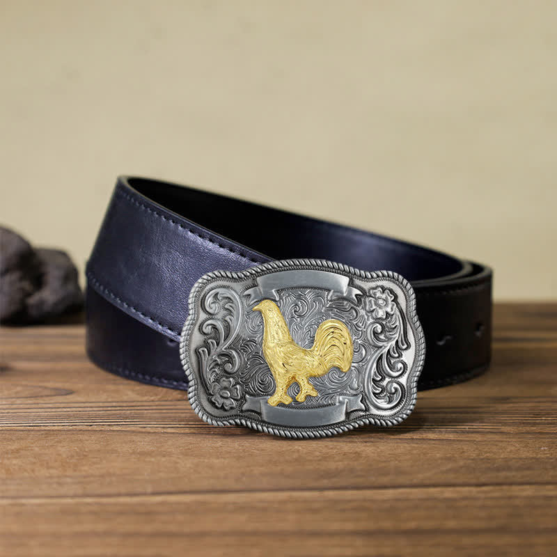 Men's DIY Gold Carving Animal Buckle Leather Belt - Cock - Black PU Belt (40) - image 48
