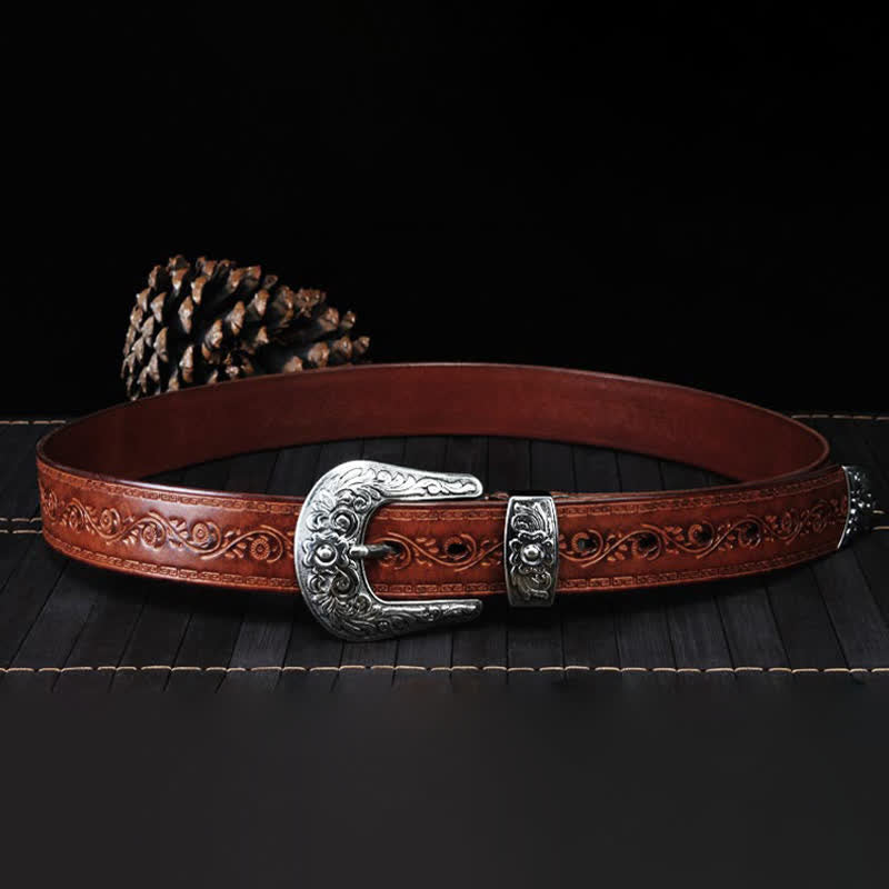Unisex Rustic Texture Flower Printing Leather Belt - image 4