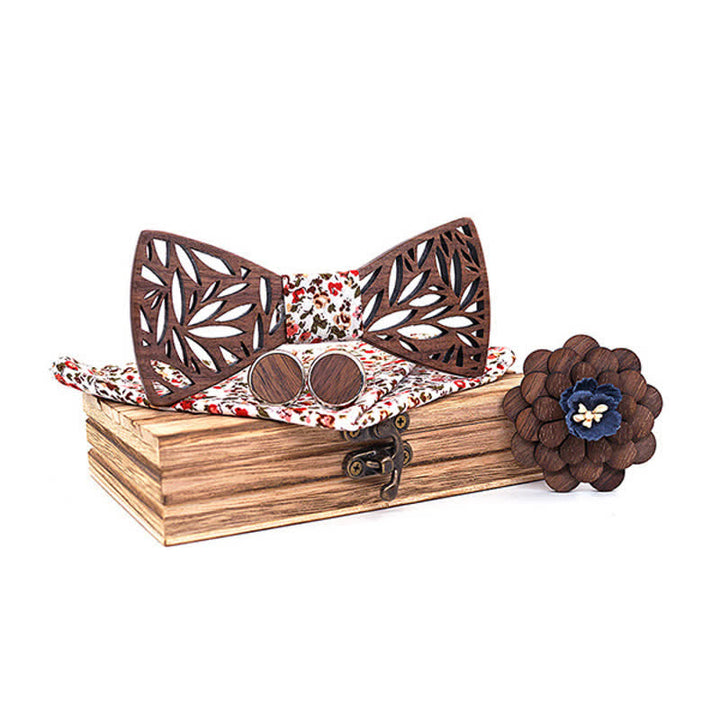 4pcs Men's Hollow Leaf Wooden Bow Tie Set - White - image 10