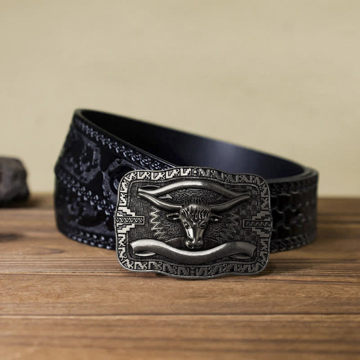 Men's DIY Silver Square Longhorn Bull Buckle Leather Belt - Bull Head - Black Carved Belt (40) - image 10