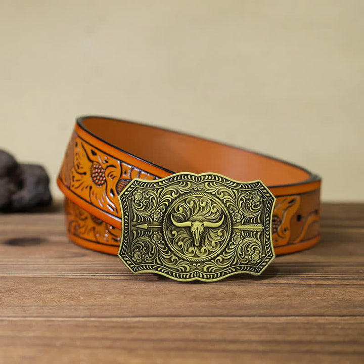 Men's DIY Long Horn Bull Arrow Buckle Leather Belt - Antique Bronze - Orange Carved Belt (40) - image 25