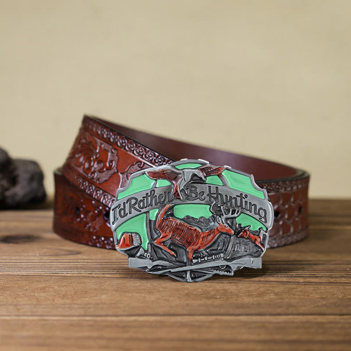 Men's DIY Hunting Deer In The Wild Buckle Leather Belt - I'd Rather Be Hunting - Brown Carved Belt (40) - image 11