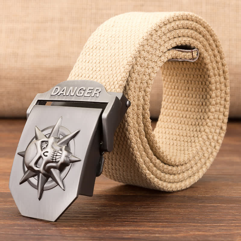 Men's Automatic Skull Buckle Woven Canvas Belt - Khaki - 42 - image 4