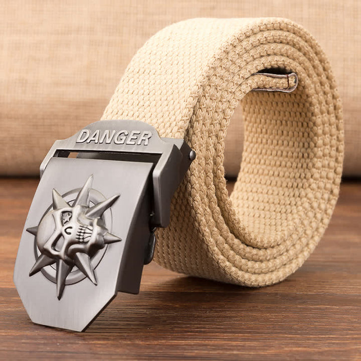 Men's Automatic Skull Buckle Woven Canvas Belt - Khaki - 42 - image 4