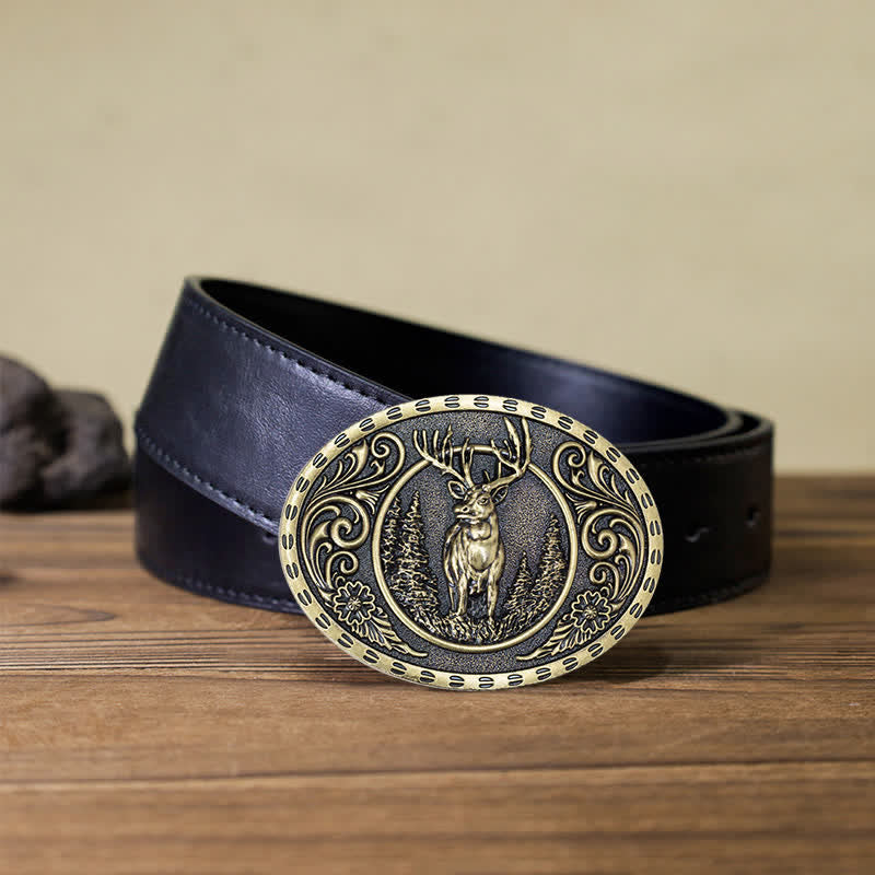 Men's DIY Deer Hunter American Flag Buckle Leather Belt - Gold Deer - Black PU Belt (40) - image 12