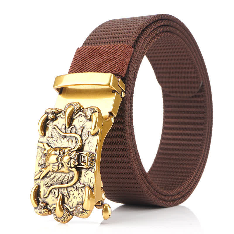 Men's Casual Dragon Decor Nylon Belt - Brown / Gold - 48" - image 21