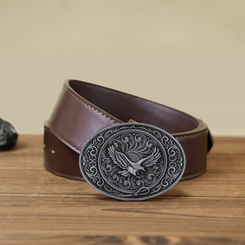 Men's DIY Soaring Eagle Engraved Floral Buckle Leather Belt - Antique Silver - Brown PU Belt (40) - image 10