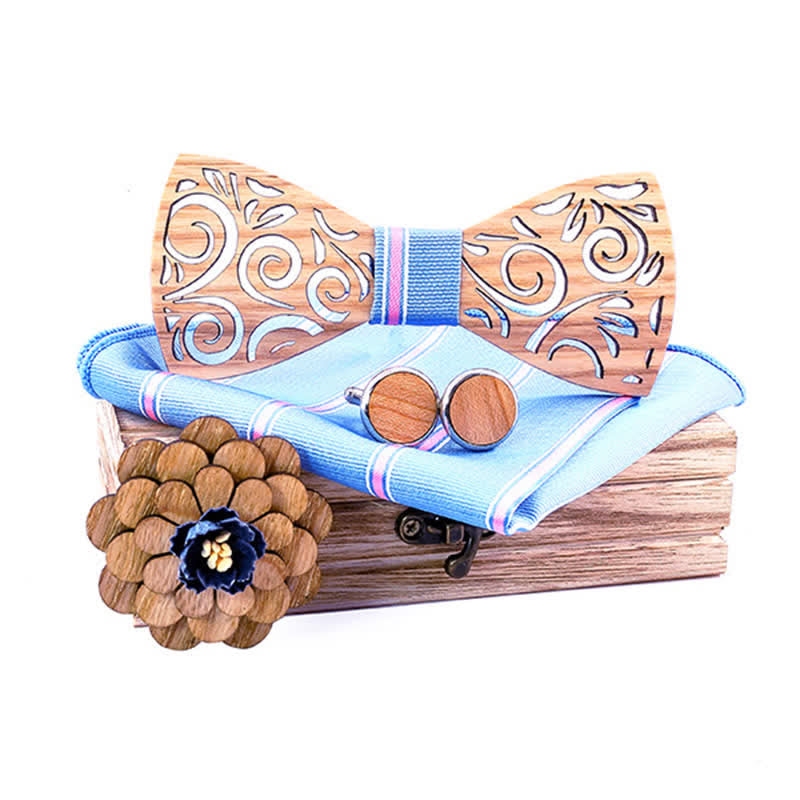 4Pcs Men's Hollow Leaf Design Wooden Bow Tie Set - SkyBlue - image 9