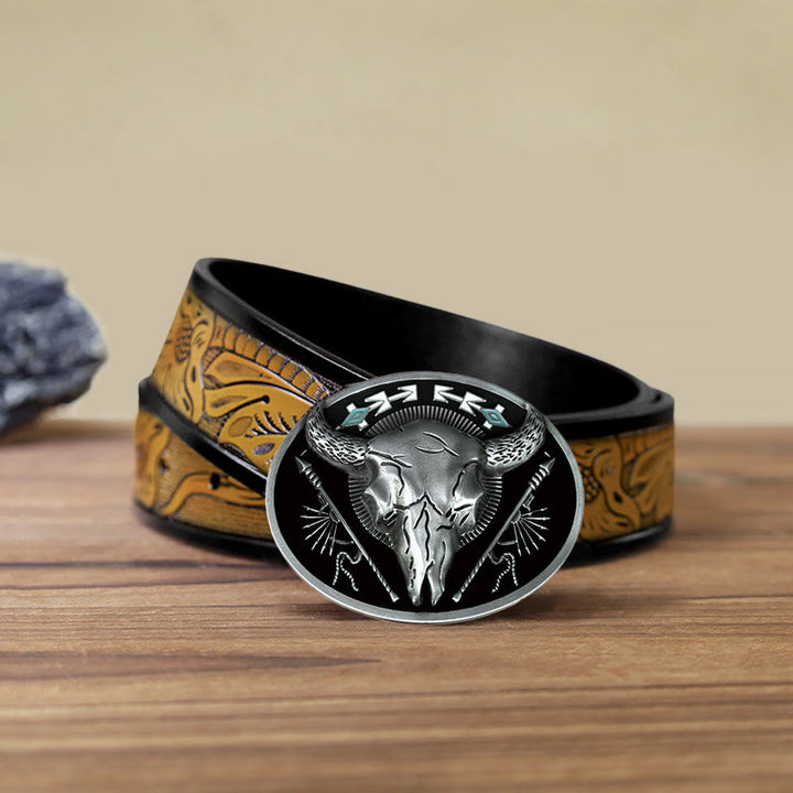 Men's DIY Indian Theme Bull Skull Buckle Leather Belt - Black - SandyBrown Belt (40) - image 15