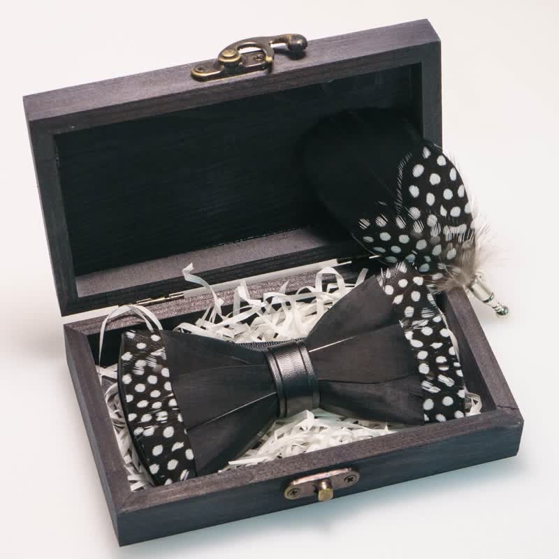 Black Polka-dotted Feather Bow Tie with Lapel Pin - image 4