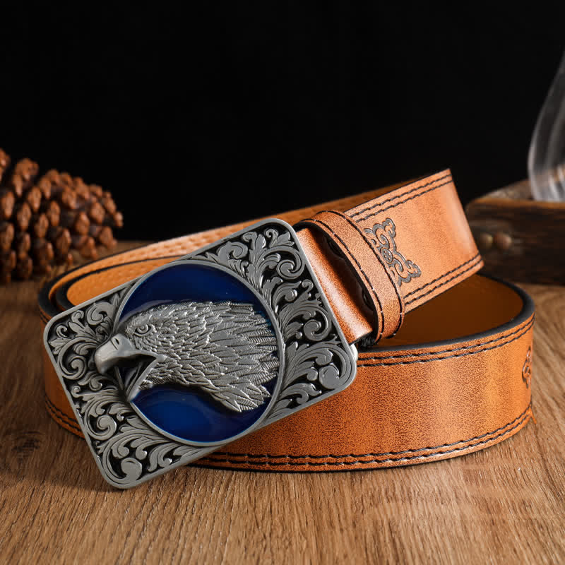 Men's Rectangular Bald Eagle Head Western Leather Belt - Brown #2 - 42 - image 8
