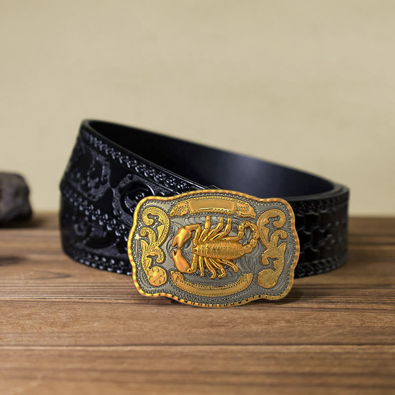 Men's DIY Golden Scorpion Buckle Leather Belt - Rectangular - Black Carved Belt (40) - image 15