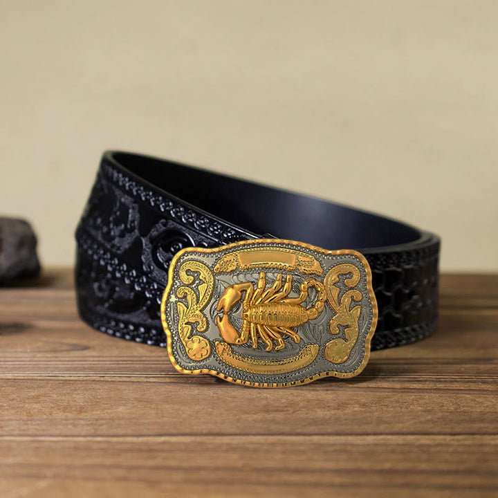 Men's DIY Golden Scorpion Buckle Leather Belt - Rectangular - Black Carved Belt (40) - image 15